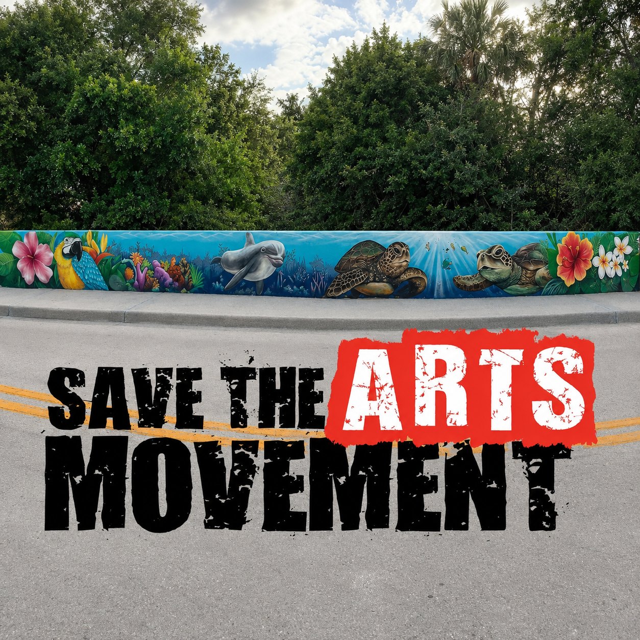 A colorful Save the Arts Movement community mural featuring Florida marine life